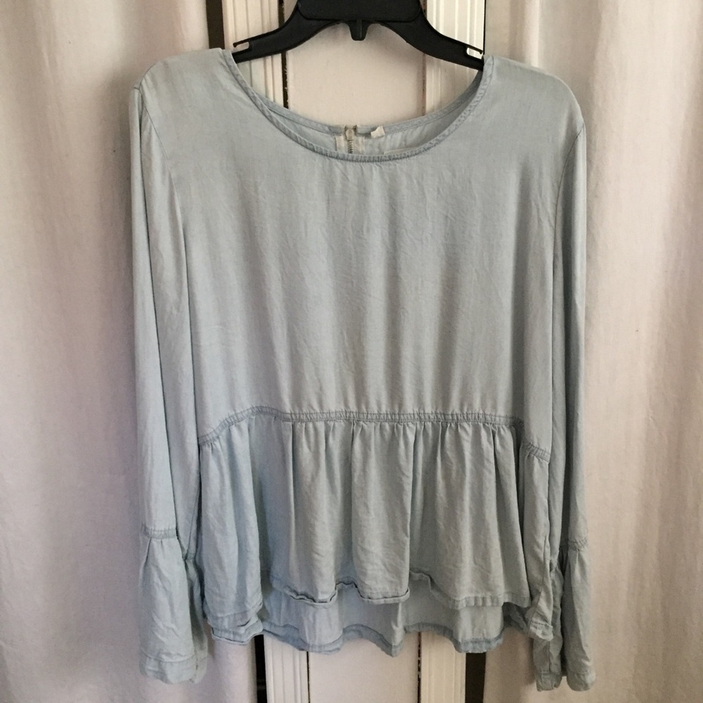 Denim Long Sleeve Peplum Top with Bell Sleeves